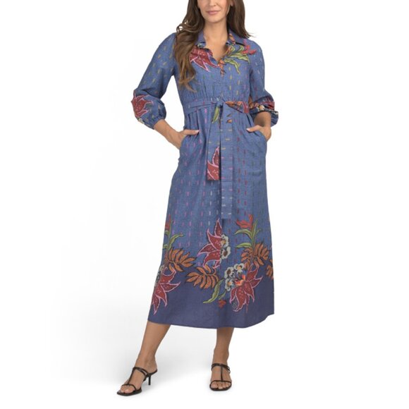 CELINA MOON Denim Long Sleeve Floral Maxi Dress With Belt